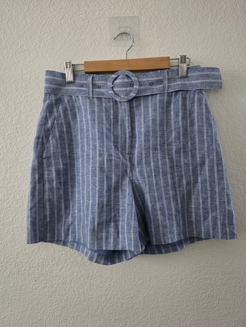 Nine West  Striped Belted High-Waist Linen Cotton Blend Shorts S